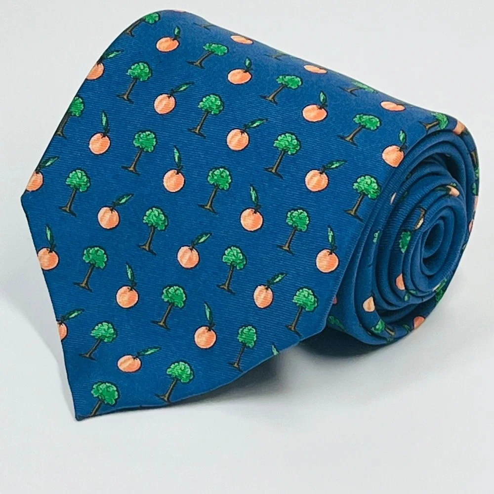 Brooks Brothers Necktie Mens OS Blue Peach Tree Silk‎ Novelty Print USA Made Tie